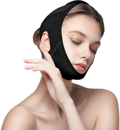 FAINCA Dubbelhaka Avtagbar V-ansiktsmask Tvättbar V-linje Lyftmask Justerbar Hakmask Andningsbar Dubbelhaka Stram Unisex Ansiktslyftband Jawline Mask för Lyftformning (Svart)