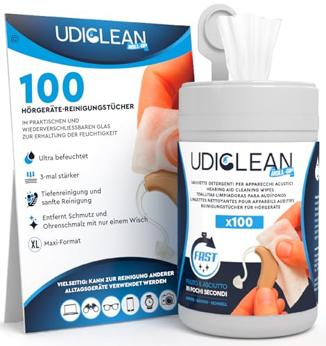 100 Lingettes pour Appareils Auditifs Nettoyantes et Humidifiées Udiclean - Distributeur Refermable d’Économie d’Humidité - Lingettes Maxi et Résistantes Nettoyage Graisse Saleté Cérumen