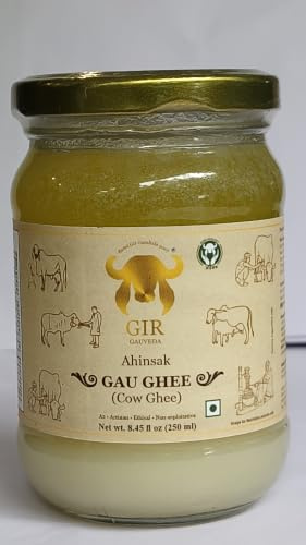 GIR GAUVEDA A2 Gir Cow GHEE– 250 ml (8.45 OZ) | Clarified Butter | Non-GMO, Lactose-Free, Keto Friendly | Vedic Bilona Method | Ahinsak Gau Ghee | Grass-fed, Pure and Healthy Desi Cow gheee