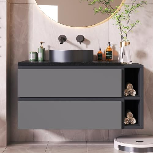 Wiuzo Mobile sottolavabo sospeso, 80 cm di larghezza, con lavabo in ceramica, con cassetti, design moderno, 80 x 44 x 48,5 cm, nero/grigio