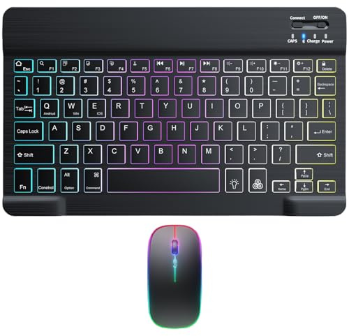Rechargeable Bluetooth Keyboard and Mouse Set for iPad, 7-Color Backlit Wireless Keyboard with UK Layout for iPad 10th/9th/8th/Pro/Air/Mini/iPhone, Compact Mini Keyboard and Mouse Combo, Black