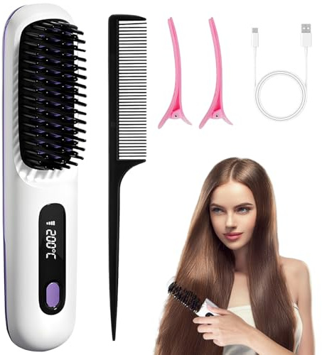 Cepillo Alisador De Cabello, Mini Peine Alisador, Cepillo Alisador De Pelo Inalámbrico Mini, Cepillo Alisador De Cabello Inalámbrico, 3 Temperaturas160°C-200°C, Apta para Todo Tipo de Cabello (M2)