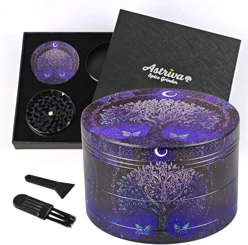 Metal Grinders for Weed Large 63mm, 4-Piece Grinder Metal with 50 Shark Teeth, Spice Crusher with Pollen Screen for Kitchen Herb (Purple Butterfly Tree,Purple E)