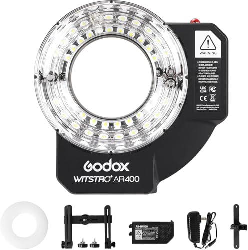 Godox Wistro AR400 Lightweight Ring Flash with Built-in Li-ion Battery, Shadow-Free Lighting for Macro & Portrait Photography (Black)