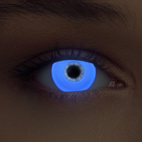 DESIGNLENSES, lenti a contatto colorate per costume di Halloween,bagliore/luminoso lenti, senza gradazione, 1 paio (2 pz) + custodia per lenti Glowing (Blu, 14.00, 0.00)