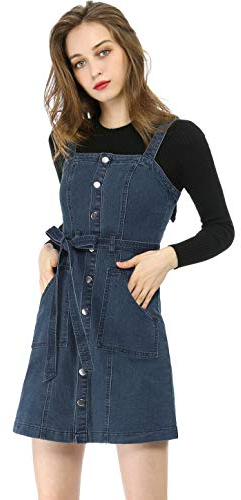 Allegra K Damen A Linie Knopfleiste Bindegürtel Jeans Latzkleid Kleid Dunkelblau M