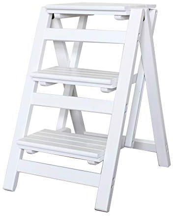 JHome-Klappstufen Klappbare 3 Stufen-Trittleiter-Leiter, Haushalt Treppenstuhl Holz Trittleiter für Kinder & Erwachsene, Hausgartenwerkzeug Schwere Max. 200kg in Weiß
