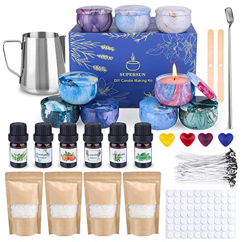 SUPERSUN Kerzen Selber Machen Set,Kerzenherstellung Zubehör,Duftkerze Geschenke mit 480g Bienenwachs,9 Dosen,6 ätherisches Öl,Kerzendochte,Dochthalter,Dochte Aufkleber Rührlöffel