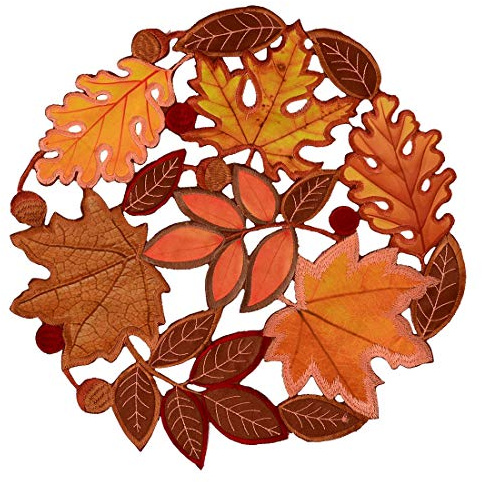 Simhomsen Set of 4 Embroidered Leaves Round Doily Place-mats Round 15 inches for Thanksgiving, Fall or Autumn Harvest Decorations