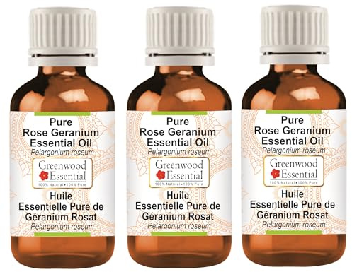 Greenwood Essential Huile essentielle naturelle de géranium rose (Pelargonium roseum) distillée à la vapeur 100 ml x 3 (10 oz)