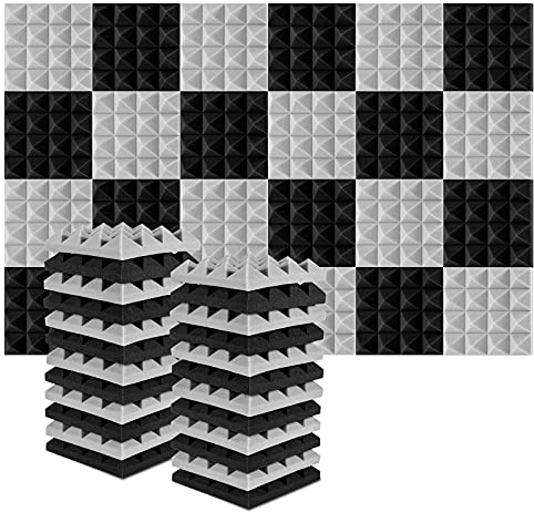 AGPtEK Schalldämmende Polsterung 24 Stück Schaumstoff-Dämmplatten 25 x 25 x 5 cm Akustikschaumstoff Ideal für Tonstudio, Fernsehzimmer, Kinderzimmer, Büro und Podcast-Aufnahmen (Grau und Schwarz)