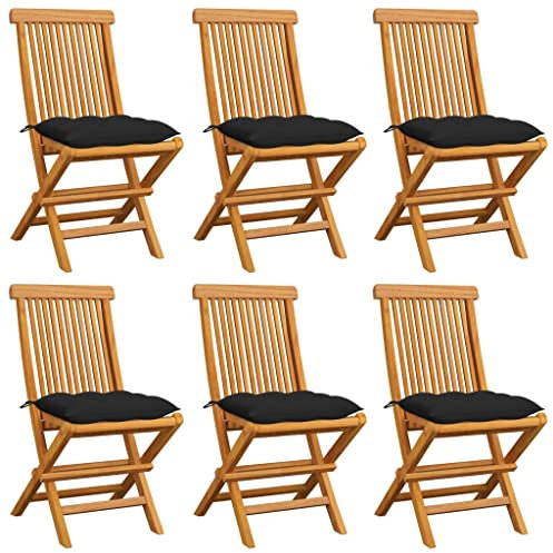 vidaXL Trädgårdsstolar 6 st med svarta dynor massiv teak