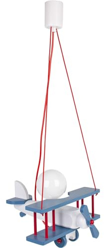 HELLUX Kinderzimmer Lampe Decke aus Holz | Deckenleuchten für Kinder | Kinderlampe Decke 70x29x32cm für Babyzimmer | Flugzeug Lampe E27 ohne Leuchtmittel (Blau/Weiß/Rot)