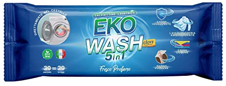 Clovy Eko Wash - 30 Salviette Detergenti per Lavatrice a 5 Azioni: Lavabiancheria, Ammorbidente, Igienizzante, Salvacolore e Panno Catturapolvere - 100% Ecologico e Made in Italy