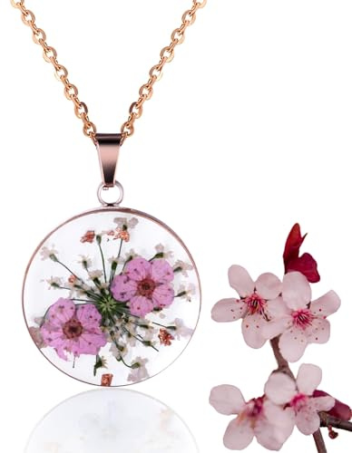 HALUKAKAH Collar Chapado en Oro de 18k/Oro Rosa para Mujeres, Encaje de Reina Ana Prensado a Mano, Joyería de Flor de Nacimiento Único para Ella, Flores Reales en Colgante de Bisel, Cadena de 45cm