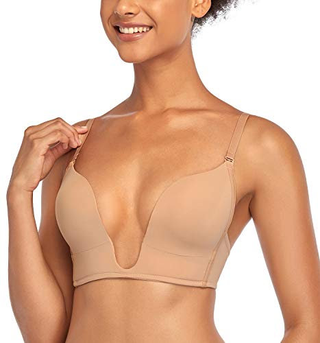 DotVol Women's Deep Plunge Convertible Push up Low Cut Seamless U Bra(40B, Beige)