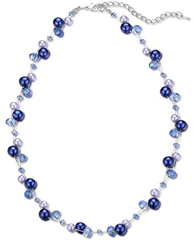 BULINLIN Short Beaded Pearl Necklace for Women, Silver Handmade Statement Necklace with Crystal Beads Fashion Jewellery Birthday Gifts for Her(Blue)