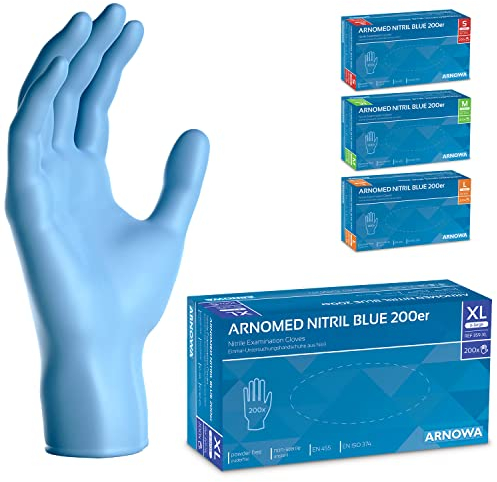 ARNOMED Einweghandschuhe Blau 200 Stück/Box, Einmalhandschuhe XL, Nitrilhandschuhe, Handschuhe Einweg puderfrei, latexfreie Gummihandschuhe, Einweghandschuhe in S, M, L & XL verfügbar