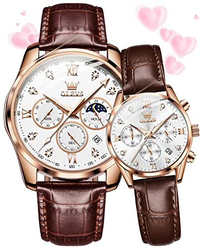 OLEVS Valentines Couple Pair Watches His and Her Couple Set Leather Chronograph Diamond White Wrist Watch Men Women Lovers Wedding Romantic Gifts Set of 2