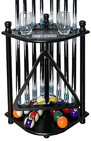 GACCO BILLIARDS Floor Standing Pool Cue Rack Hold 8 Cue Sticks & Pool Table Accessories, Wooden Pool Stick Holder, Corner Pool Cue Holder with Ball Rack Hook & Scorers (Black)