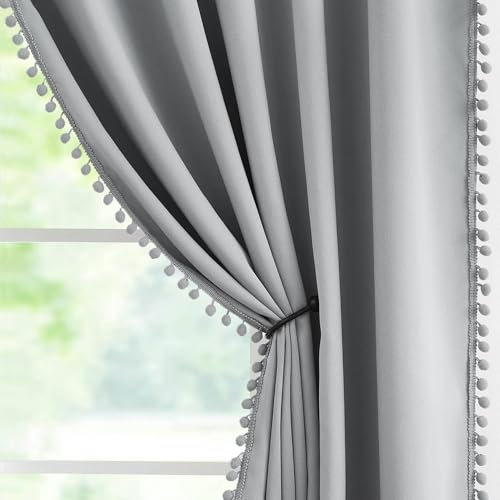Pom Pom Grey Blackout Curtains for Bedroom 54 x 54 Inch Eyelet Noise Reducing Window Drapes Energy Efficient Thermal Insulated Darkening Curtain Panels for Living Room Children Nursery Room 2 Panels