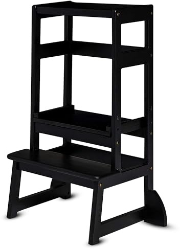 Oemmie Tour d’Observation Montessori - 90x39x46 cm – Marchepied Cuisine pour Enfants – Apprentissage Sécurisé et Réglable – Bambou – Noir