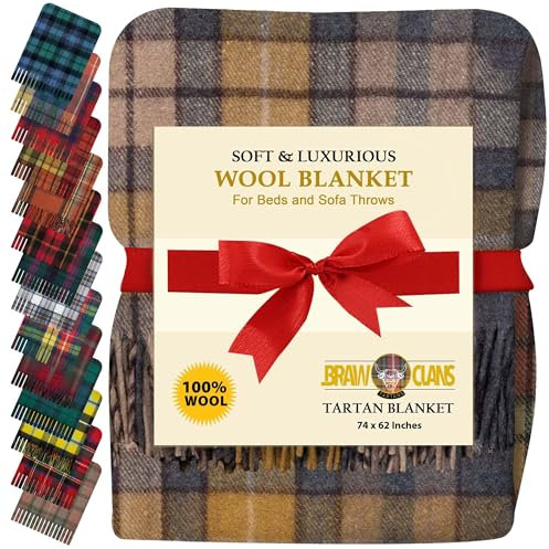 BRAW CLANS TARTANS 100% Pure Wool comfort Tartan Blankets for beds, Sofa throws - Winter warm large size 74x62 Inches - Scottish plaid check Cozy Rug - Fringed edges, Soft - (Buchanan Natural Tartan)