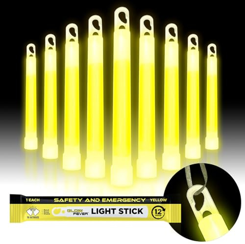 Glow Fever Lot de 10 bâtons lumineux militaires de sécurité d'urgence - 15,2 cm - Lumineux - Ultra lumineux - Avec durée de 12 heures - Pour randonnée, fête, camping, occultant, ouragan, abri - Jaune