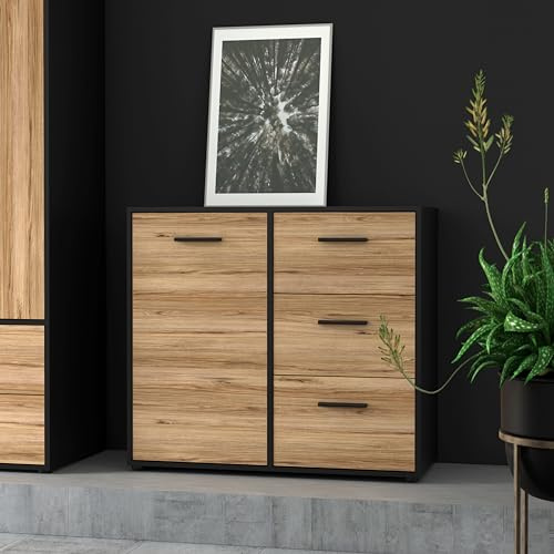 Forte MOKKARO Sideboard mit 3 Schubladen und 1 Tür, Holzwerkstoff, Catania Eiche/Schwarz, B x H x T: 94,7 x 84,9 x 42 cm
