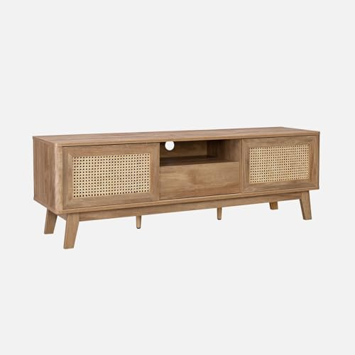 Alice's Garden sweeek - Meuble TV Portes coulissantes. casier fermé. étagère décor Bois et cannage 150cm