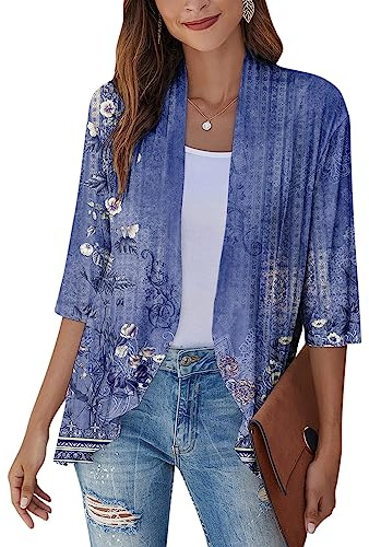 SCBFDI Giacca Donna, Cardigan Kimono da Donna Cardigan Floreale Con Maniche a 3/4 Spolverino Aperto Sul Avanti Volant Drappeggiato Elegante Coprispalle Estivo, Coprispalle Dorato Donna Elegante