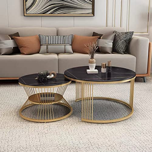 Satztisch-Couchtisch, 2er-Set, moderner runder stapelbarer Beistelltisch, Sofatisch mit Ablagefläche, Metall-Couchtisch mit Schieferplatte und stabilem Metallrahmen für kleine Räume, Wohnzim