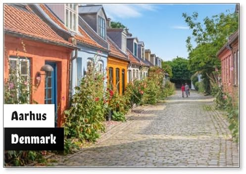 Aarhus, Dänemark; - Bunte alte Hütten auf einer ruhigen Straße in Aarhus, Dänemark, Kühlschrankmagnet