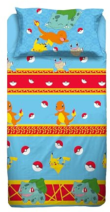Pokemon Single Bed Sheet Set, Single Bedroom, Complete Bed, Top Sheet, Fitted Sheet, Pillowcase, 100% Cotton, Official Product