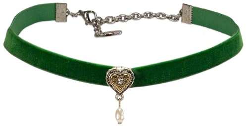 Alpenflüstern Trachten-Samtkropfband Trachtenherz mit Tropfenperle - Trachtenkette enganliegend, Kropfkette elastisch, Damen-Trachtenschmuck, Samtkropfband schmal (in traditionellen Farben) DHK338