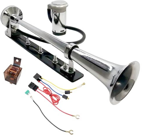 YIYIDA Car Air Horn Truck Horn Ship Horn Loud Speaker 150db silver Adjustable installation accessories Chrome Zinc Single Trumpet Air Horn with Compressor for 12V Truck Lorry Boat Car ect