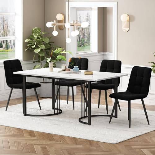 Merax Esstisch-Set, 140×80cm Esstisch mit 4 Stühlen, Marmor-Muster MDF, Metallbeine, gepolsterte Samt stühle mit Rückenlehne, für Esszimmer, Küche, Wohnzimmer, Schwarz + Schwarz
