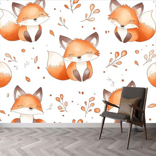 Papier peint photo personnalisé avec motif renard mignon effet 3D aquarelle dessin animé 200 x 140 cm poster décoration pour chambre à coucher, salon, couloir