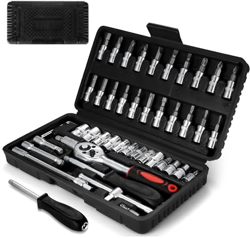 46 Pz Set Chiavi a Cricchetto, Set Chiave a Cricchetto, Set Chiavi a Bussola, Chiave Dinamometrica Auto, Set di Cassette a Cricchetto 1/4 per Riparazioni Fai Da Te di Bici Moto
