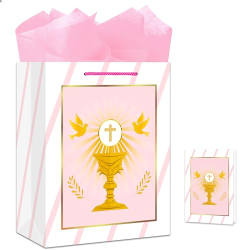 BIZIBAFF Geschenktüte zur Erstkommunion für Mädchen und Jungen, 33 cm, Taufgeschenktüte mit Seidenpapier und Karte, religiöse, christliche Geschenktüten, Taufe, Konfirmation, Geschenktüte für Babys