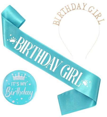 Vxcvzv 3 PCS Birthday Sash for Women Sash and It's My Birthday Button Glittery Metal Badge,Princess Headband for Party Decoration (Blue)
