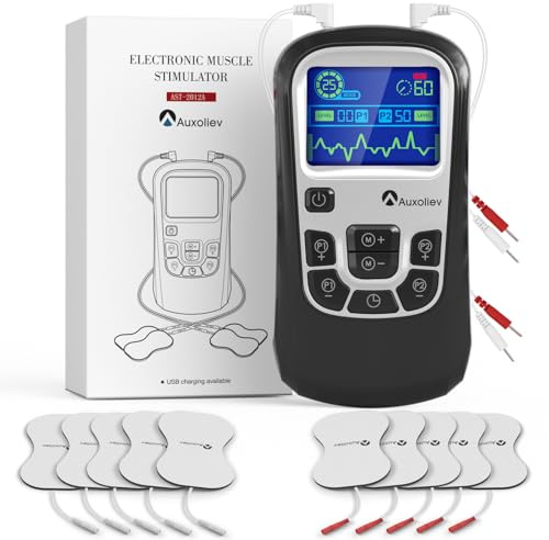 AUXOLIEV Electroestimulador Muscular 3 EN 1 | TENS/EMS de Masaje Terapia Maquina | 25 Modos + 50 Niveles de Intensidad | 2 Canales + 10 Electrodos | para El Alivio Del Dolor y Entrenamiento | Negro