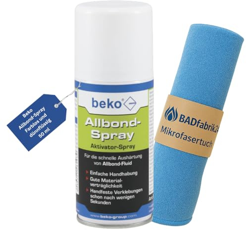 BADfabrik24 Allbond Aktivator-Spray 50 ml – Beschleuniger für Sekundenkleber, farblos & dünnflüssig, schnellere Aushärtung von Cyanacrylat, inkl. Mikrofasertuch