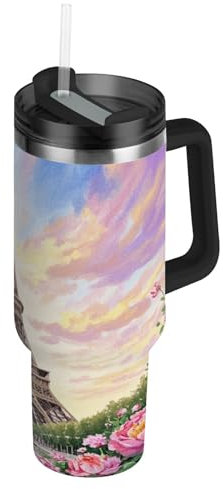 Romantic Parisian Iron Tower with Flowers Pink Vacuum Reusable Kids Stainless Steel Water Bottle with Straw Leak Resistant Flip Decorative Coffee Mug For Men for School, Sports, Daycare, Camp