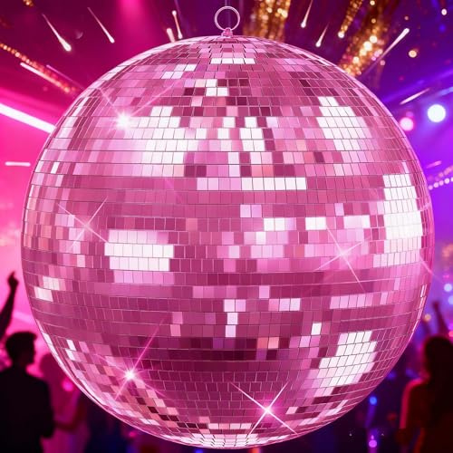 Masiunoz 20 inch Pink Disco Ball, Hanging Mirror Ball, Christmas Decorations Disco Light Ball，Stage Lighting Effect, 12/16/20 inch Home,Stage and Bar Glittering Party Decoration (20inch-Pink)