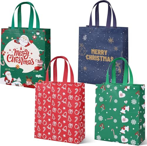 4 sacchetti regalo di Natale, borse di Natale con manici, borse natalizie multifunzionali in tessuto non tessuto per regali, shopping, forniture per feste di Natale, 31 × 25 × 11,5 cm