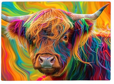 Shopagift Abstract Rainbow Highland Cow Glass Chopping Board Large Kitchen Worktop Saver 39cm x 28cm