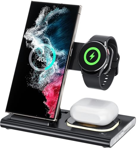 Aimtel 3 in 1 Wireless Charger [Faltbar & Nachtlicht] Kompatibel mit Ladestation Samsung, Induktive Ladestation für Galaxy Z Fold 7/Flip 7/FE/S25/S24, für Galaxy Watch Ultra 2025/Watch 8/7/Galaxy Buds