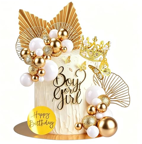 Gold Balls Cake Topper Boho Cake Decorations with Crown Gold Palm Leaves Cake Toppers for Birthdays Bohemian Baby Shower Birthday Party Decor Christenings