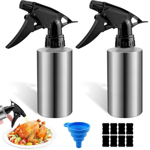 WZYTEU 2 botellas pulverizadoras de acero inoxidable, botella pulverizadora con embudo y pegatinas, botella vacía para cabello, soluciones de limpieza, aceites esenciales, plantas